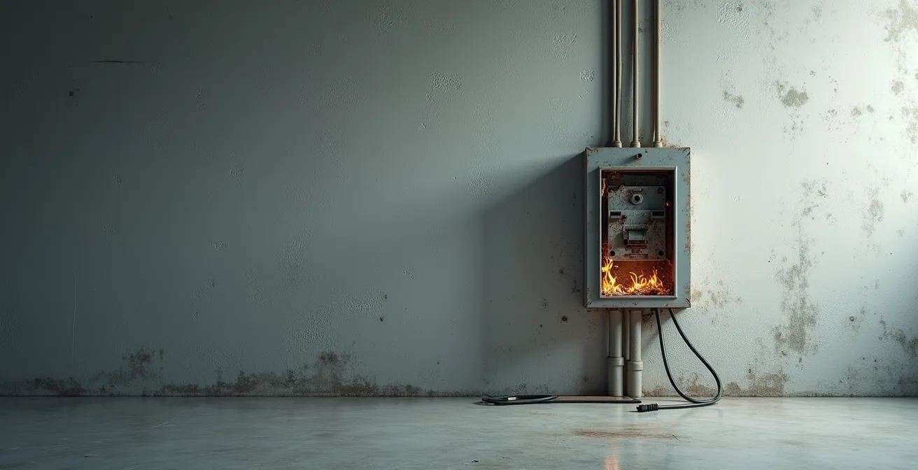 Vue en perspective d'un espace technique avec fils électriques endommagés