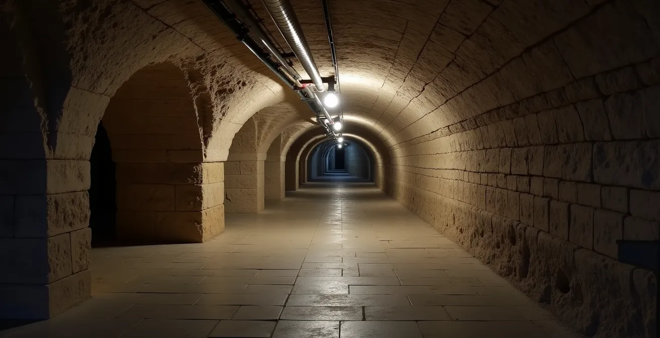 Vue en coupe d'un immeuble haussmannien montrant l'interconnexion des caves et gaines techniques