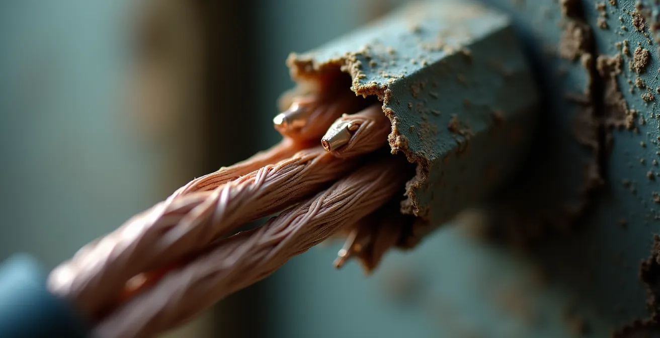 Gros plan sur des câbles électriques rongés avec marques de dents visibles