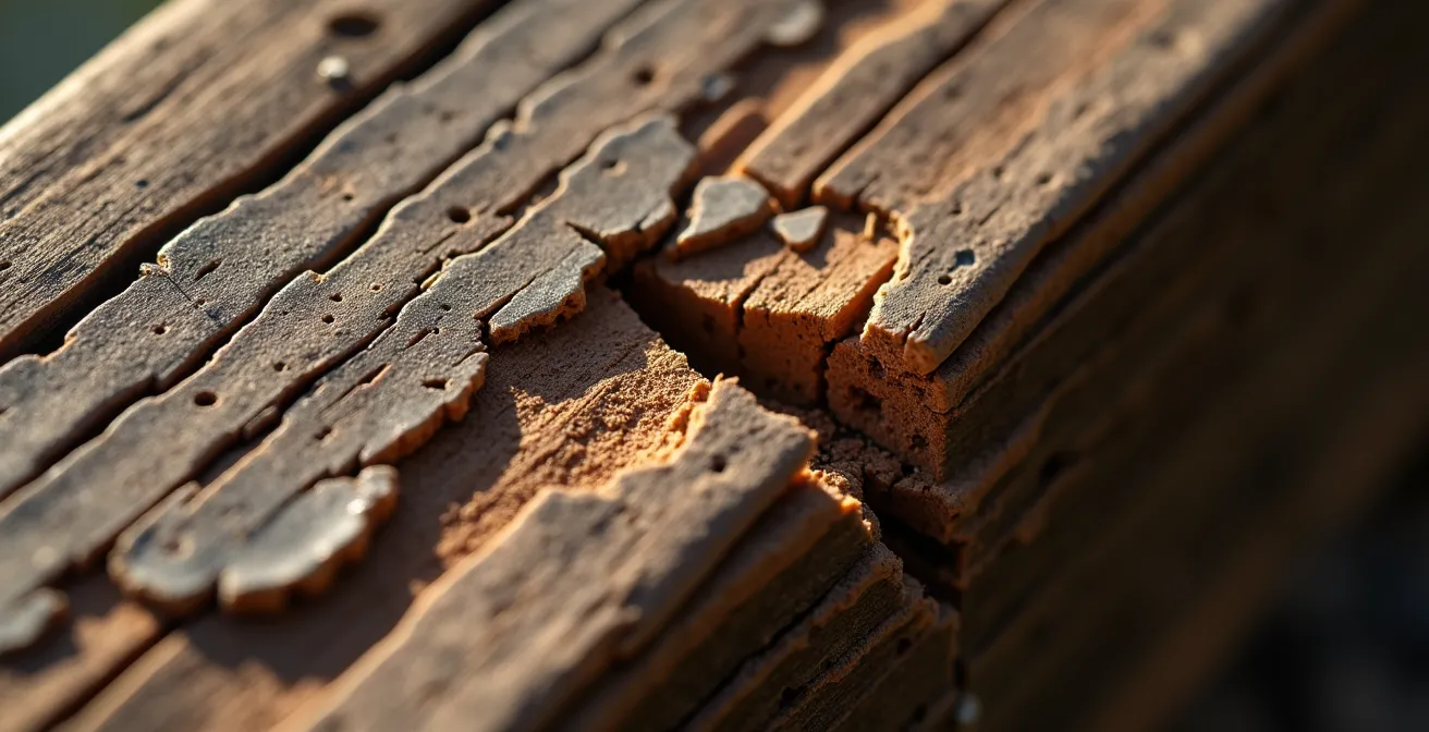 Détail macro de traces de grignotage sur poutre en bois