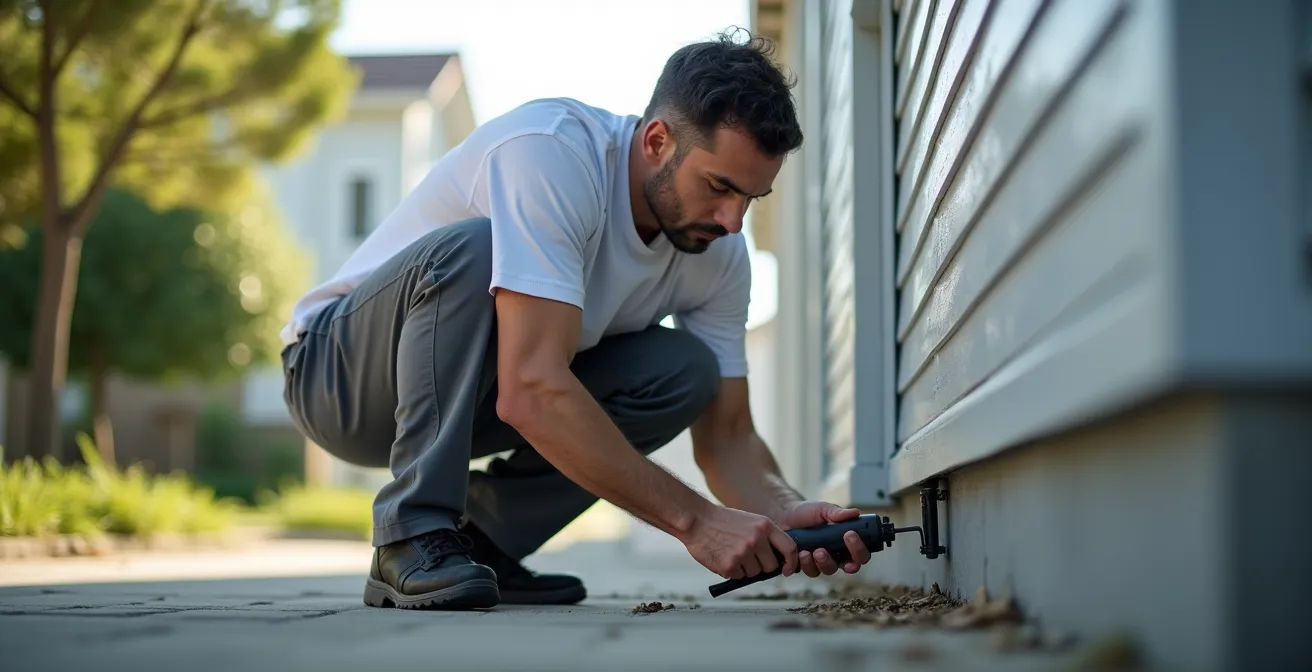 Expert en dératisation inspectant les fondations d'une maison